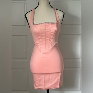 Oh Polly! Pink rhinestone bustier corset halter mini dress size US 0